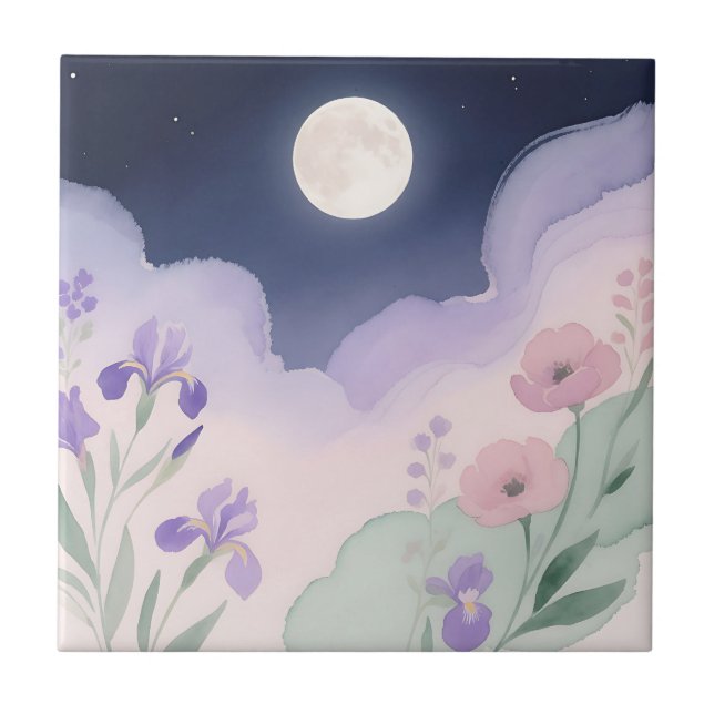 Fullmåne Vattenfärg Iris Blommig Natt Kakelplatta (Framsidan)