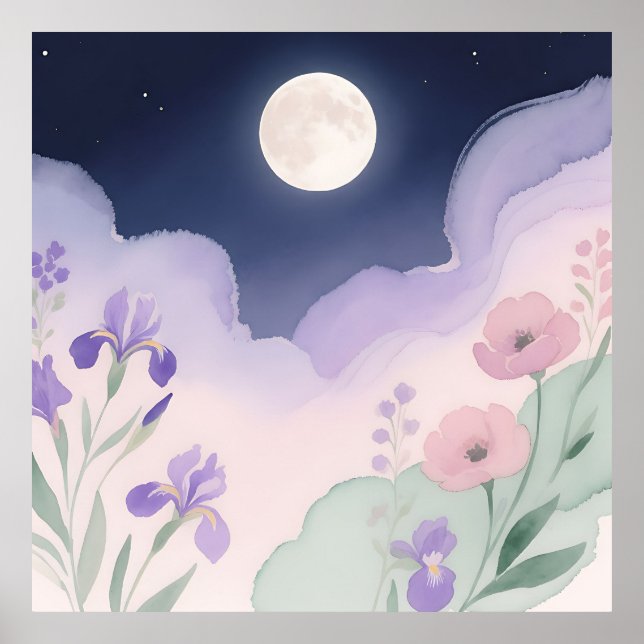Fullmåne Vattenfärg Iris Blommig Natt Poster (Framsidan)