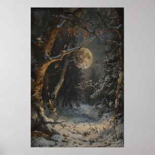 Fullmåne Vinter Mörk Skog Cottagecore Lämnad Poster
