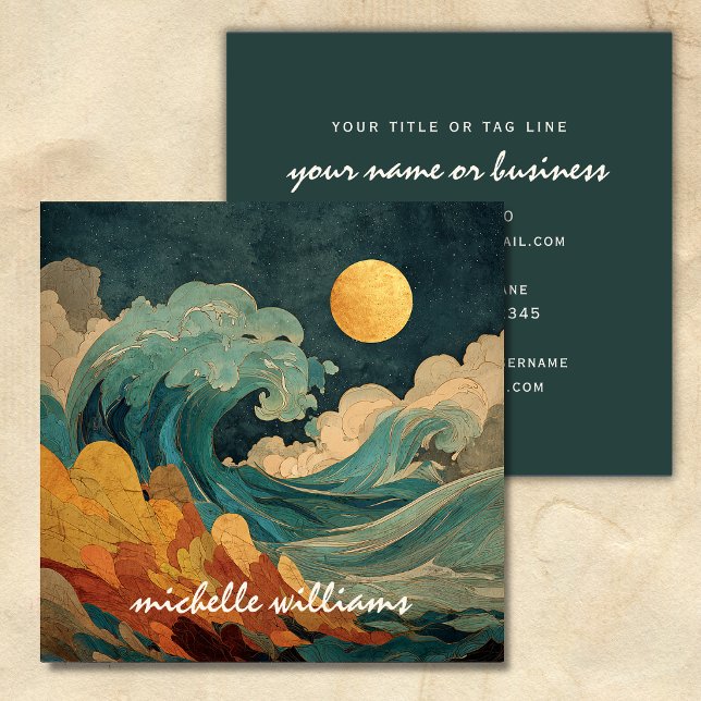Fullmånehavsvågor – Abstrakt kuststrand Fyrkantigt Visitkort (Full Moon Ocean Waves – Abstract Coastal Beach Square Business Card)