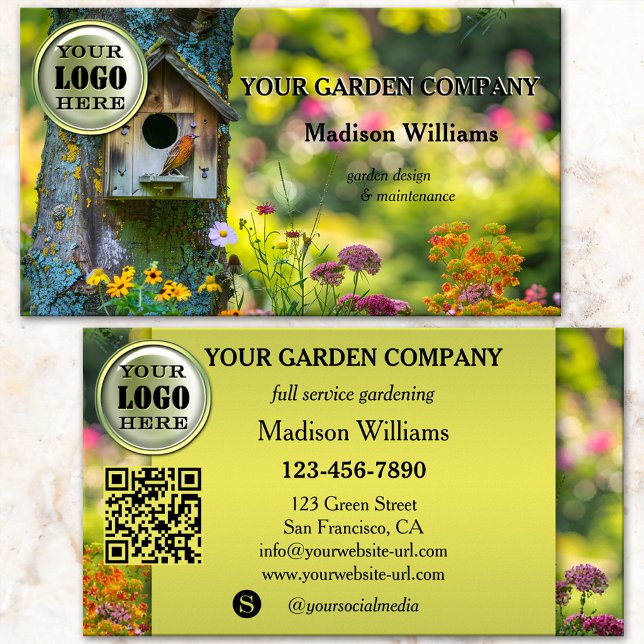 Fullservice Trädgårdsdesign Underhåll Visitkort (Business card featuring a blossoming garden with a cute bird - gardener - garden design maintenance)