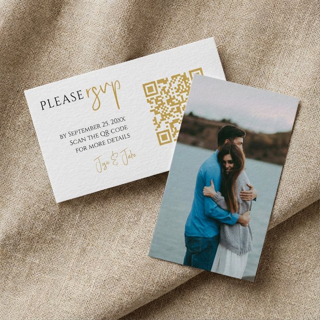 Fullständig bild, guld QR-kod vit bröllops-svarsko Tilläggskort (Full photo, gold QR code white wedding RSVP Enclosure Card.)