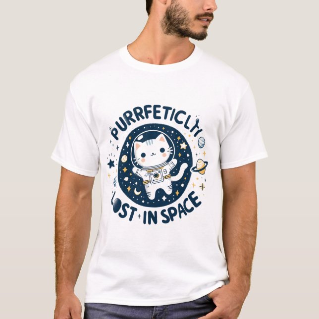 Fullständig Borttappad i Space Cute Cat Astronaut T Shirt (Framsida)