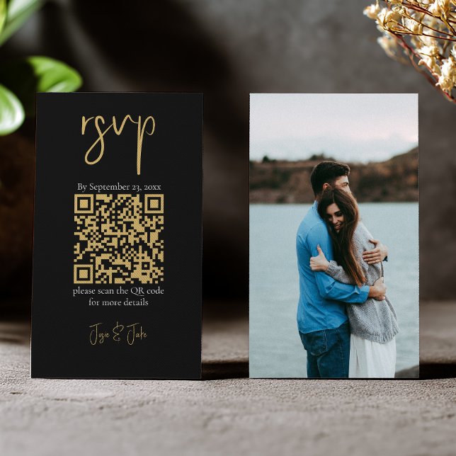 Fullständig foto guld QR-kod svart bröllops-svar Tilläggskort (Gold and black qr code rsvp insert card with full cover photo)
