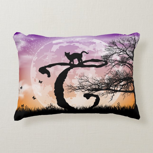 Fullständig måne - och katt C - startmärkning för  Prydnadskudde (Framsidan)