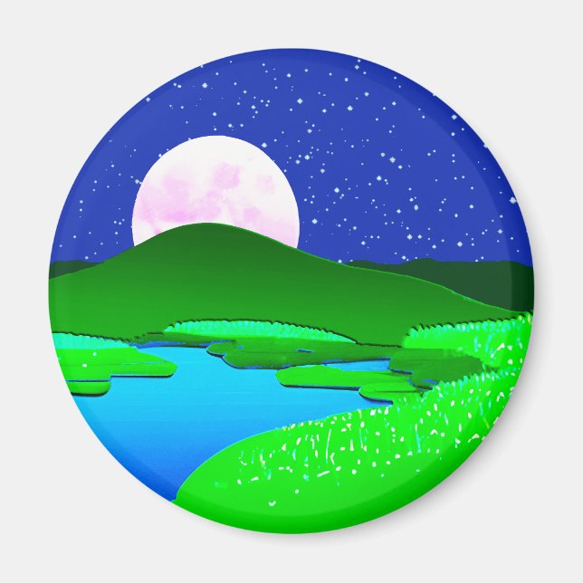 Fullständig måne Stigning över Grönt Backe Magnet (Framsidan)