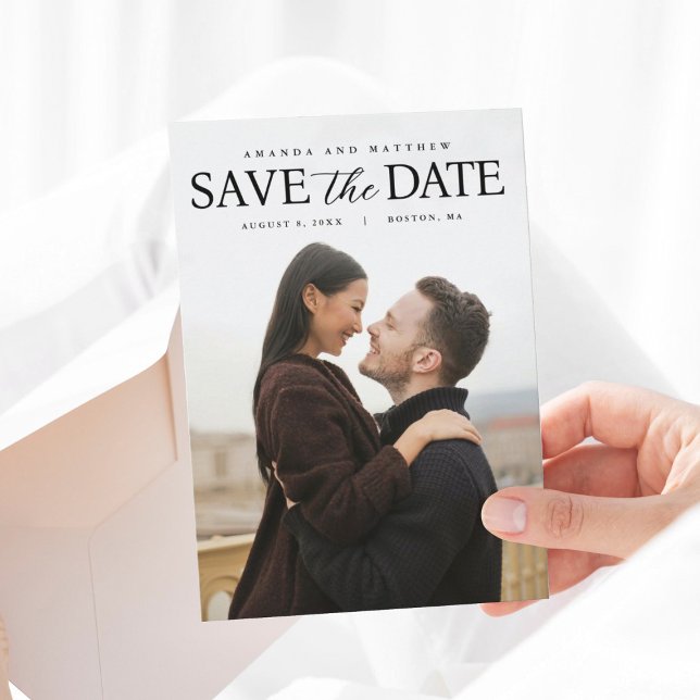 Fullständig modern fotospärr för datum spara datumet (Full Photo Modern Save the Date with plaid back design with monogram and information on back.)