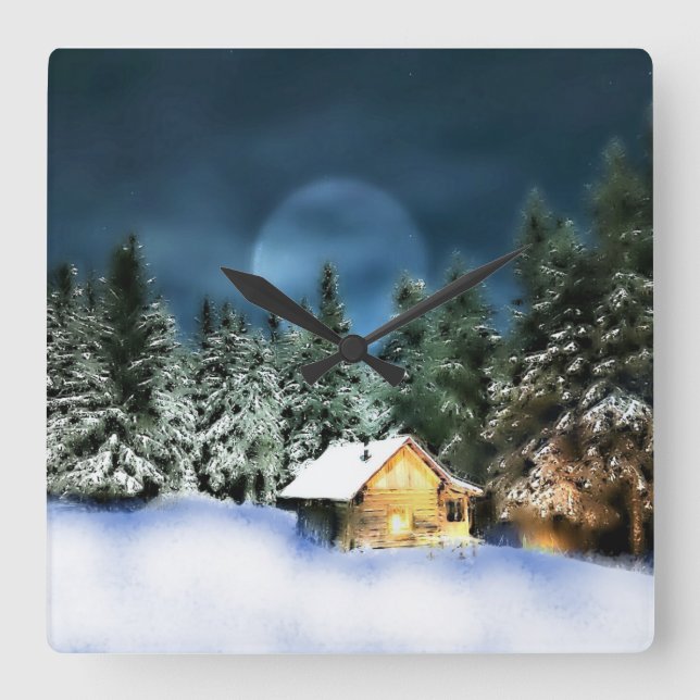 Fullständig version av Rustic Log Cabin Fyrkantig Klocka (Framsida)