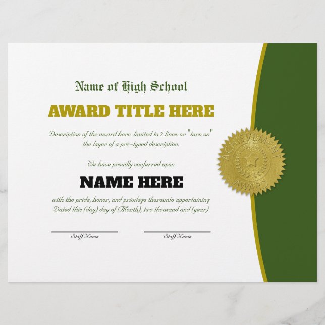 Fullständigt Anpassade SPORTS-tilldelningscertifik Brevhuvud (Framsida)