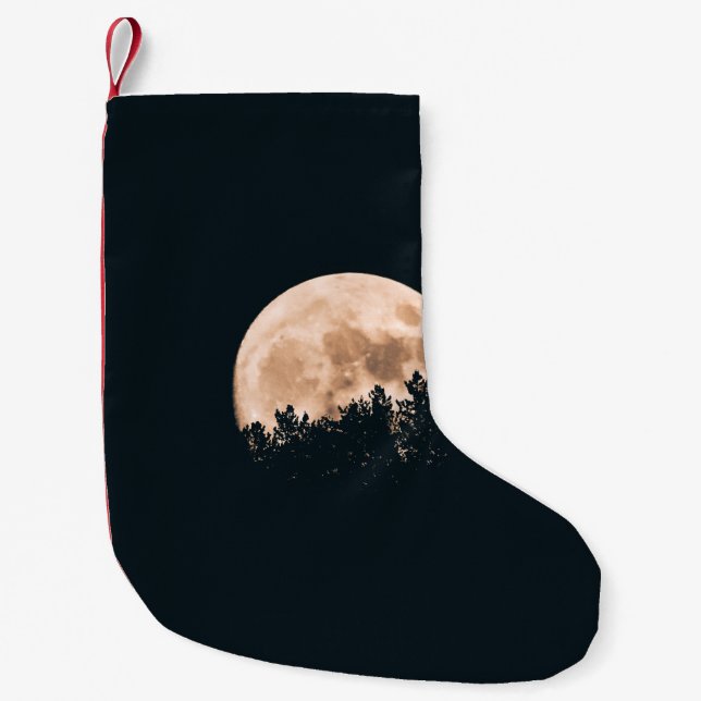 FULLSTÄNDIGT MOON BAKOM EN TRÄD SILHOUETTES LITEN JULSTRUMPA (Framsidan)