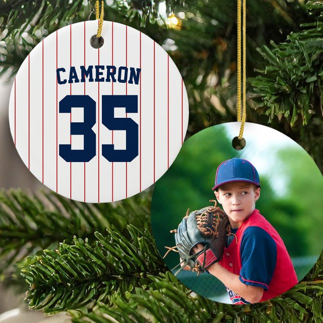 Fullständigt redigerbara färger Baseballtröja Ränd Julgransprydnad Keramik (Skapare uppladdad)