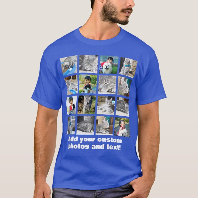 Fullt 16 Photo Mosaic Bild Collage T Shirt (Framsida)