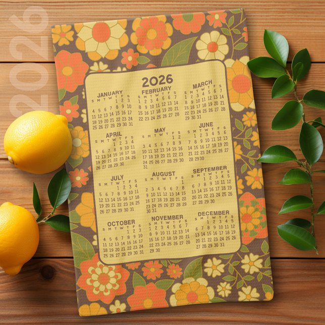 Fullt årskalender - Retro Flowers - Grönt Brown Kökshandduk (2026 Calendar)