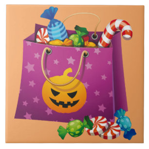 fullt av godis i påse happy halloween kakelplatta