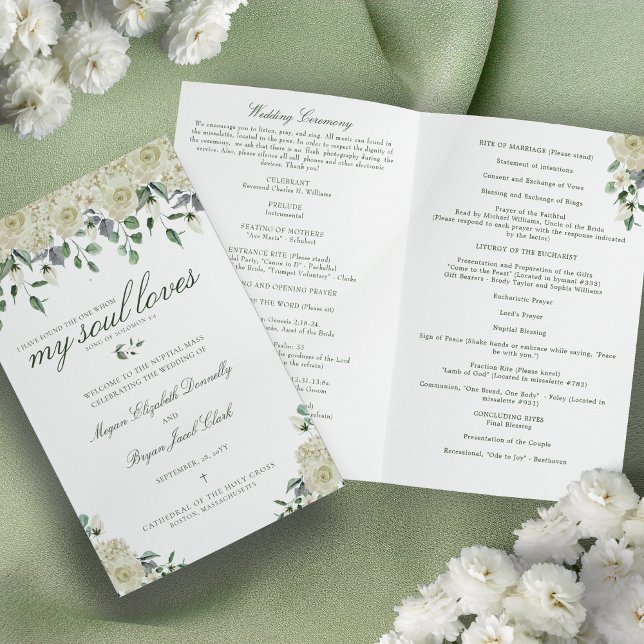 Fullt av Megan Catholic Bröllop Ceremony Programme (White flowers and greenery Catholic wedding program with Bible verse)