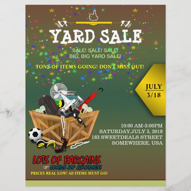 Fullt av träboxar av goodies Yard Sale Flyer (Framsidan)