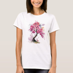 Fullt Bloom Sakura Cherry Blommar Träd Watercolor T Shirt