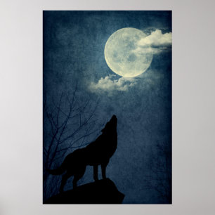 Fullt Blue Måne Howling Varg Silhouette Poster