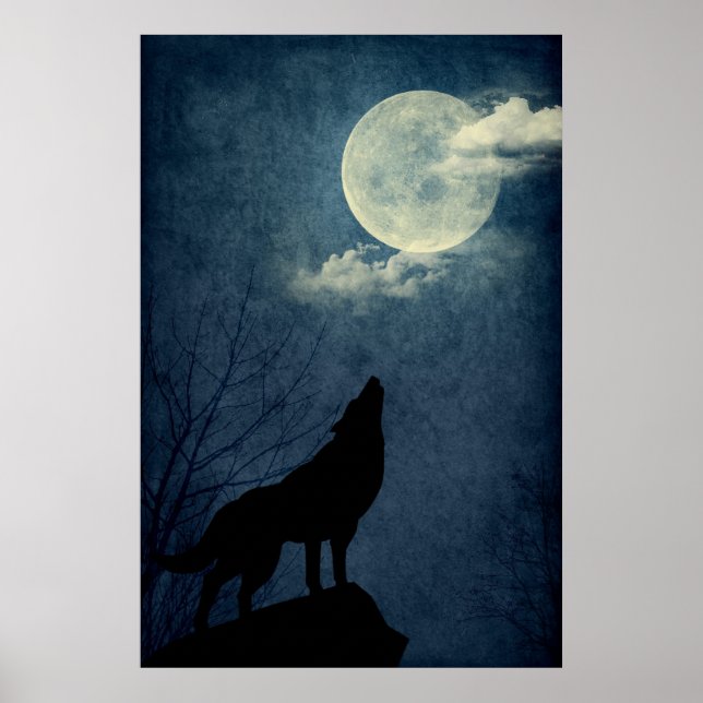 Fullt Blue Måne Howling Varg Silhouette Poster (Framsidan)