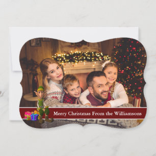 Fullt Card-foto och Elf med rött textband Finare Julkort