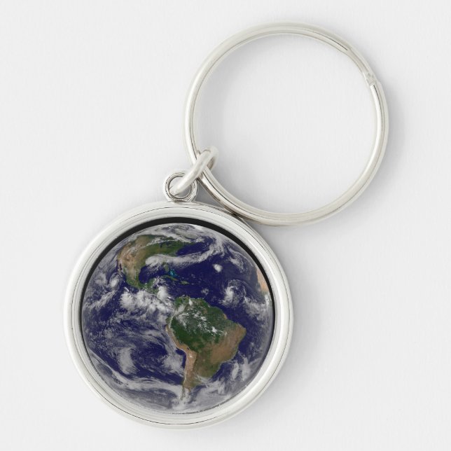 Fullt Earth med olika tropiska stormsystem. Rund Silverfärgad Nyckelring (Framsidan)