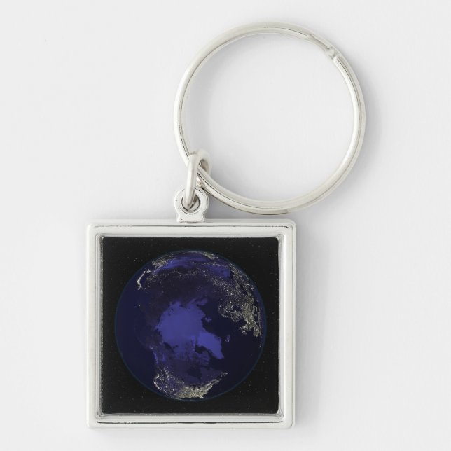 Fullt Earth på natten som visar ljus 5 Fyrkantig Silverfärgad Nyckelring (Framsidan)
