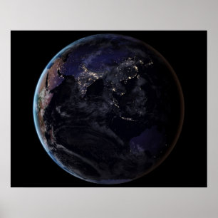 Fullt Earth som visar Asiens Ljus i Nattens stad. Poster