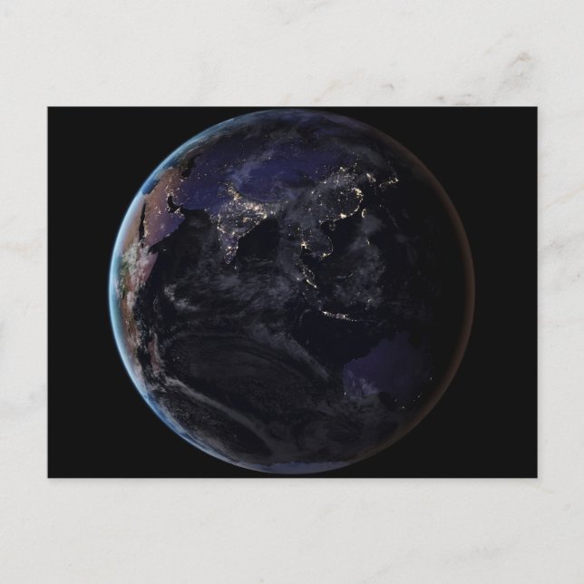 Fullt Earth som visar Asiens Ljus i Nattens stad. Vykort (Framsida)