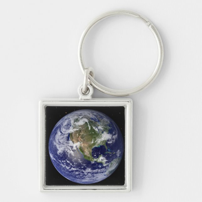 Fullt Earth som visar Nordamerika 4 Fyrkantig Silverfärgad Nyckelring (Framsidan)