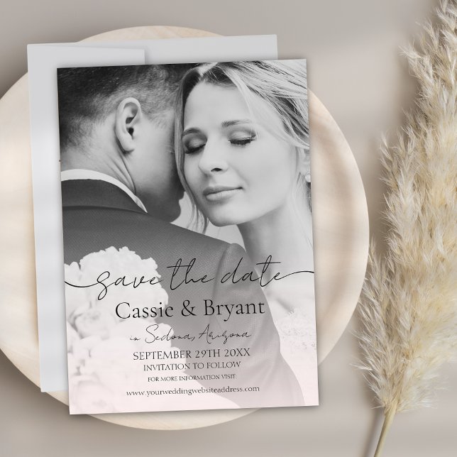 Fullt för  Rosa, romsk Chic Foto Spara datum (Blush Pink Modern Minimalist Save the Date Wedding Invitation with Calligraphy Script)