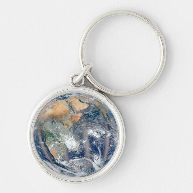 Fullt jorden som visar Östran Hemisphere. Rund Silverfärgad Nyckelring (Framsidan)