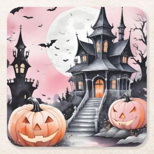 Fullt måne, hemsökt hus Halloween Underlägg Papper Kvadrat