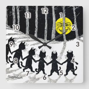 Fullt, måne och Cats, Louis Wain Fyrkantig Klocka