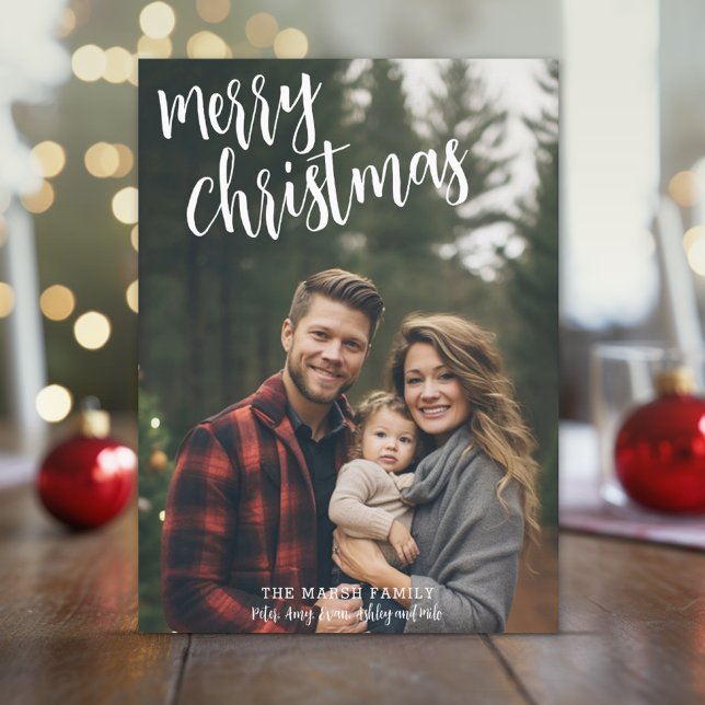Fullt Photo Handskriftlig God jul Grönt Tillbaka Julkort (Rustic Modern Christmas Card with 1 large photo)