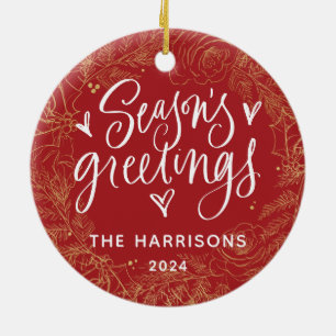 Fullt Photo Season's Greetings Red Two Sided Julgransprydnad Keramik