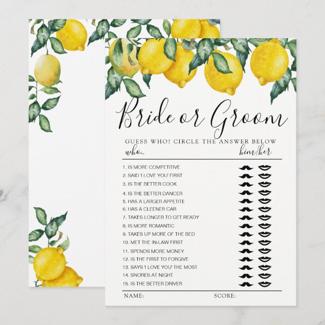 Fullt redigerbart Lemons-kort för spel med Bride e Inbjudningar (Fram/baksida)