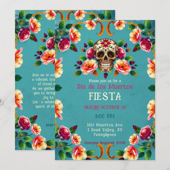 💀 Fullt Ro,  Día de los Muertos Inbjudningar (Fram/baksida)