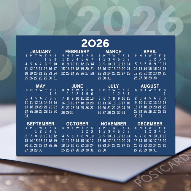 Fullt visningskalender - blått vågrät vykort (2026 Calendar Postcard)