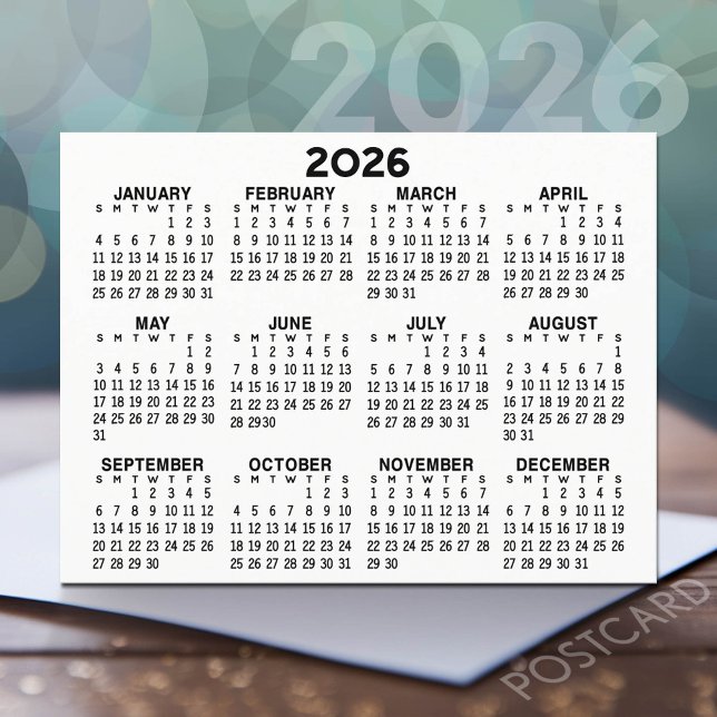 Fullt visningskalender - svart vågrät vykort (2026 Calendar Postcard)
