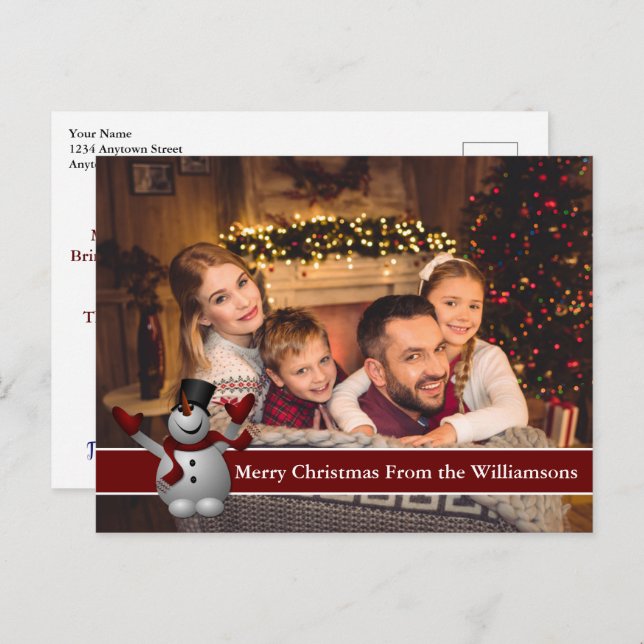 Fullt vykortsfoto Snögubbe med rött textband Vykort (Fram/baksida)
