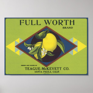 Fullt Worth Lemon Fruit Låda etikett Poster
