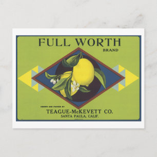 Fullt Worth Lemon Fruit Låda etikett Vykort