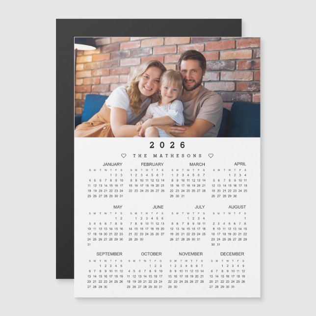 Fullt Year 2026 Calendar med Photo magnetic (Fram/baksida)