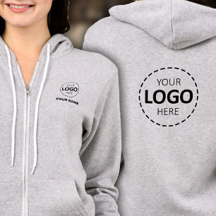 Fullt Zip Hoodie - Front & Back Logotyp, Namn, Grå T Shirt