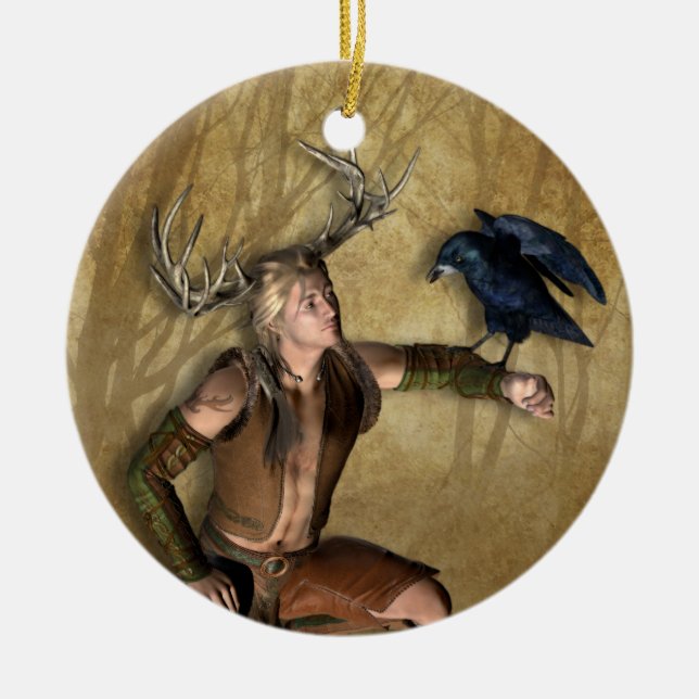Fullvuxen hankronhjort och korpsvart julgransprydnad keramik (Framsidan)