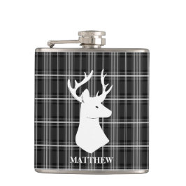 Fullvuxen hankronhjorthuvud på svartvit pläd fickplunta