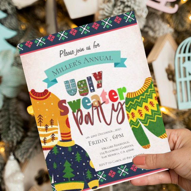 Fulstassigt julmönster Julfest Inbjudan (Ugly Sweater Pattern Christmas Party Invitation Postcard)