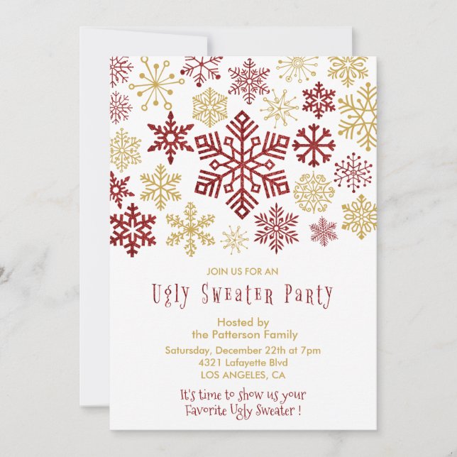 Fult jultröja-fest inbjudan Eleganta Snöflingor (Framsida)