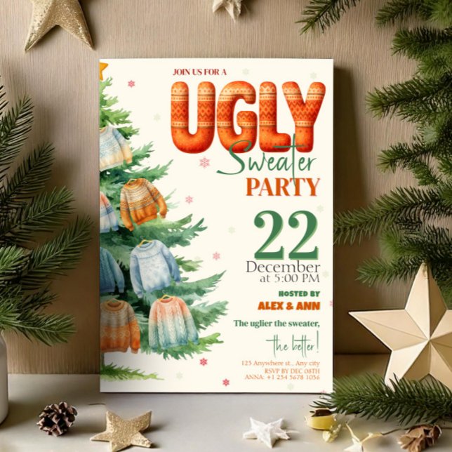 Fult jultröja julfest mysig akvarell inbjudningar (Ugly Sweater Christmas Party Cozy Watercolor Invitation, Xmas Invite)