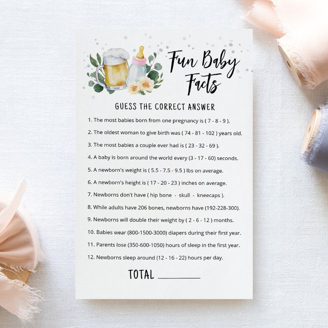 Fun Baby Facts Game Greenery Baby Is Brewing Pink (Greenery and Beer Baby Brewing Baby Shower Fun Baby Facts Game)